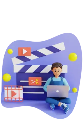 3d render of a person with laptop sitting in front of a clapper board