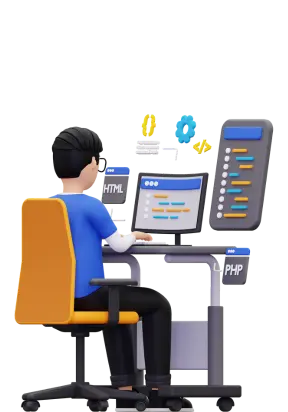 3d render of a man sitting in front of a desktop