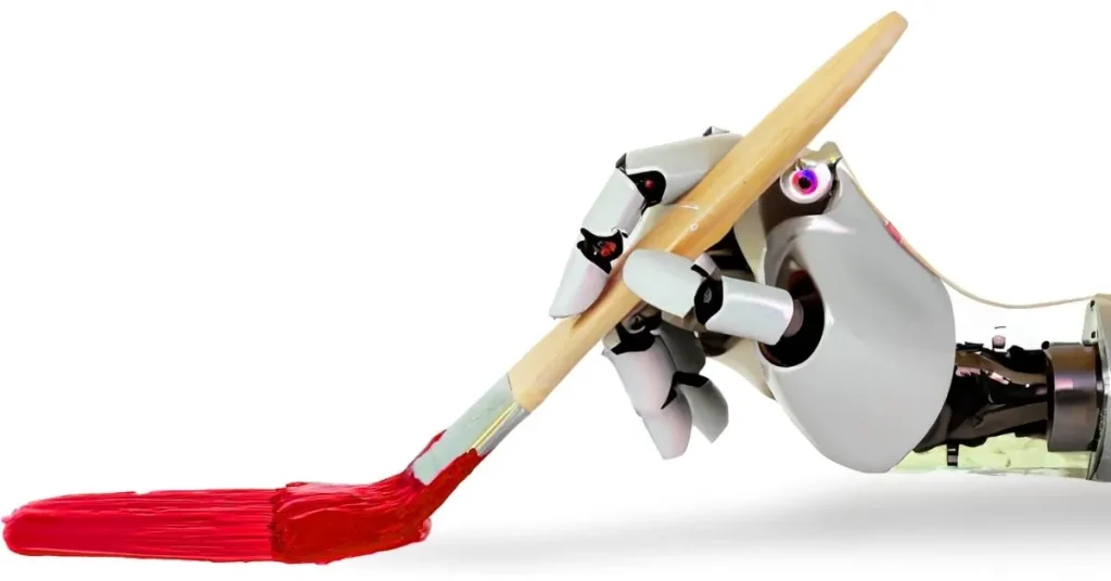 A robotic hand holding a paintbrush with red paint on it.