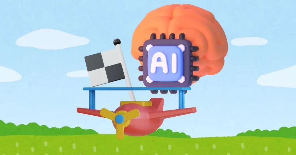 A graphic illustration of an oversized human brain with a clapperboard and an "AI" chip attached, mounted on top of a small red airplane against a background with blue sky, white clouds, and green grass.