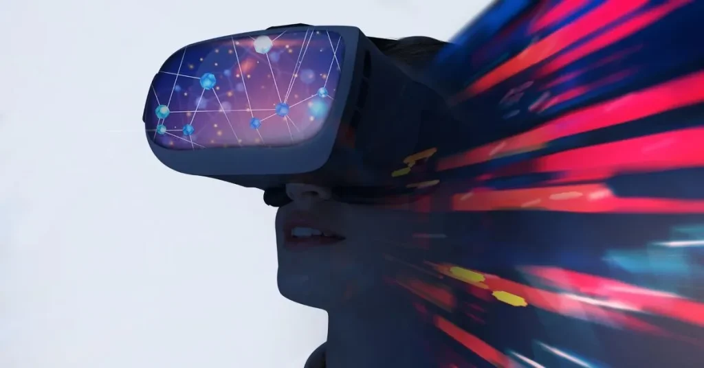 Person wearing a virtual reality headset with graphics of a network of connected dots projected onto it, surrounded by streaks of colorful light representing a digital experience.