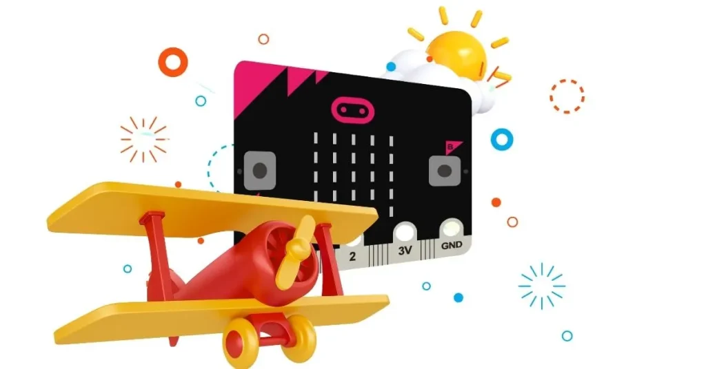A colorful illustration featuring a red and yellow toy airplane flying with a black, pink, and white electronic circuit board attached on top, surrounded by animated suns, stars, and circles.