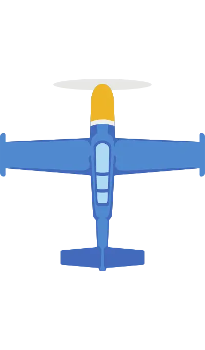 a blue and yellow airplane flying in the air
