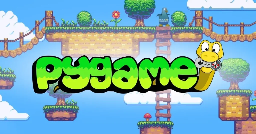 A colorful illustration of a 2D platform game with the word "Pygame" in large green bubble letters, a snake character holding a game controller, and various game elements such as trees, flowers, and floating platforms against a blue sky with clouds.