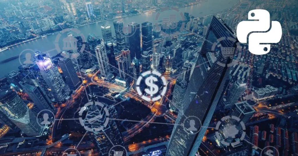 Aerial view of a cityscape at night with a large dollar sign symbol and Python programming language logo overlaid, representing the intersection of finance and technology.