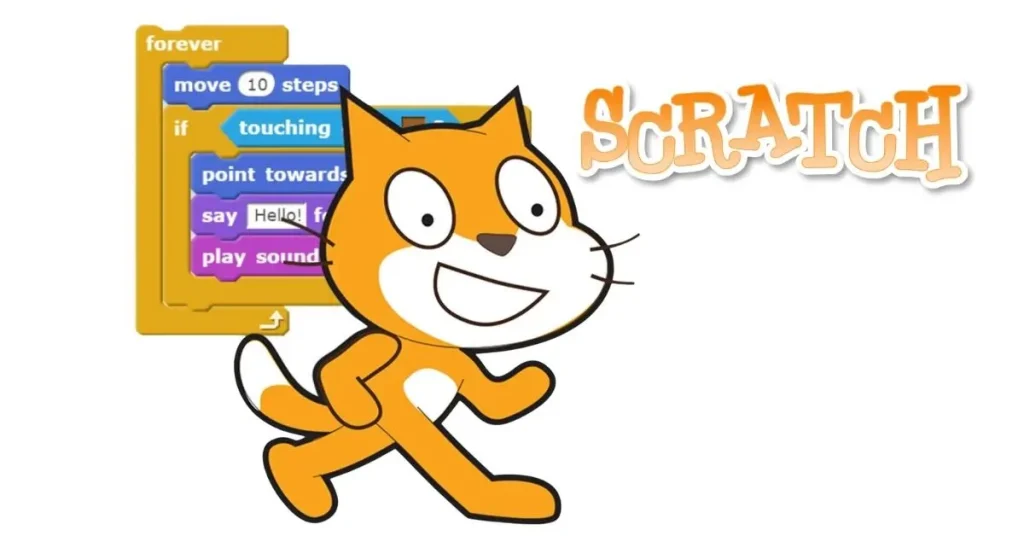 Cartoon cat character from the Scratch programming language, with blocks of code displayed behind, and the Scratch logo on the right side.