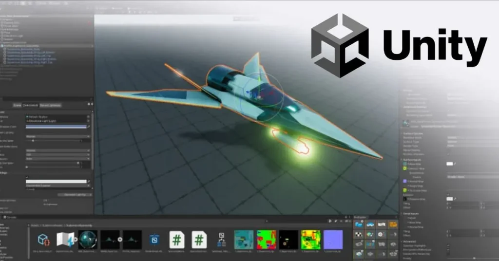 3D model of a futuristic spaceship design on the Unity game engine editor interface, with coding and asset panels visible on the screen.