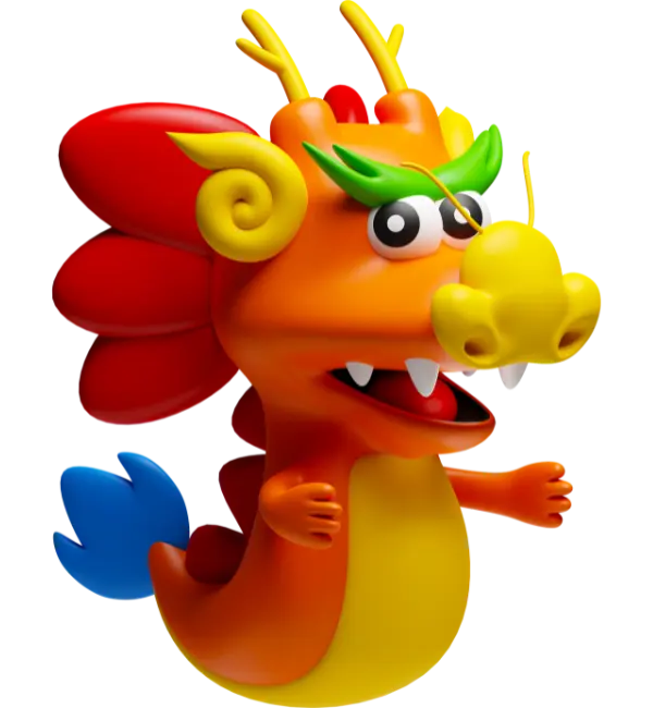 a cartoon dragon with red, yellow and blue colors