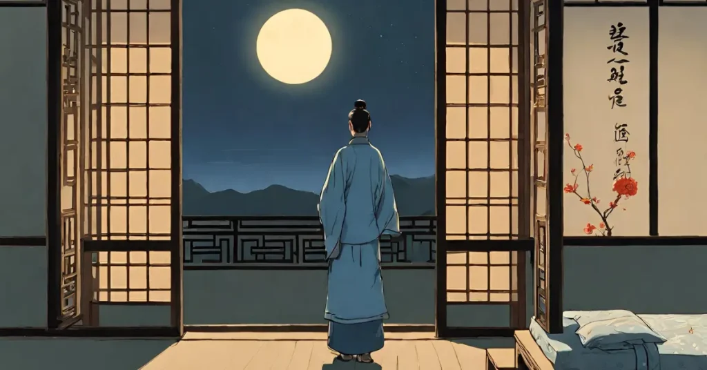 an individual standing in front of an open door with a full moon in the background