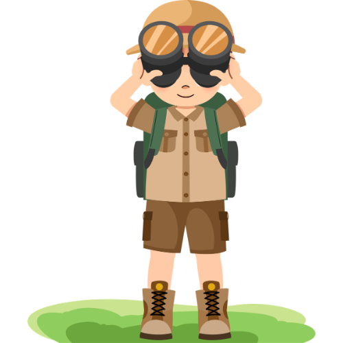 A cartoon character wearing a safari hat, khaki shirt and shorts, boots, and a backpack, looking through binoculars.