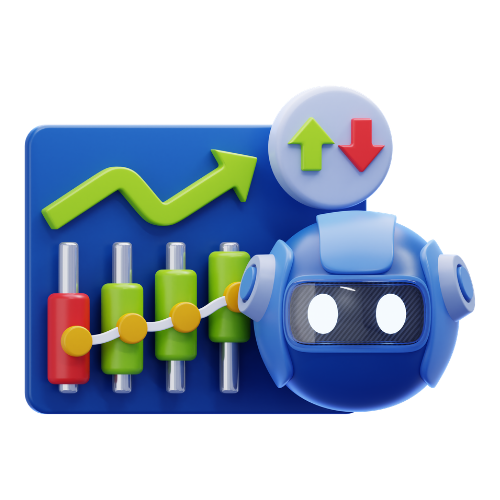 A blue robot with glowing eyes stands next to a blue chart displaying a green upward trending line and candlestick bars in red and green, with icons of upward and downward arrows above.