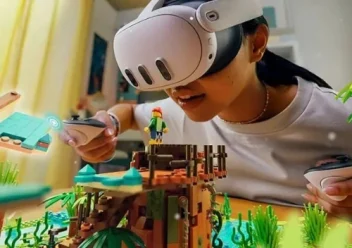 A person wearing a VR headset interacts with a colorful LEGO jungle on a table, using controllers. The scene is vibrant and imaginative.